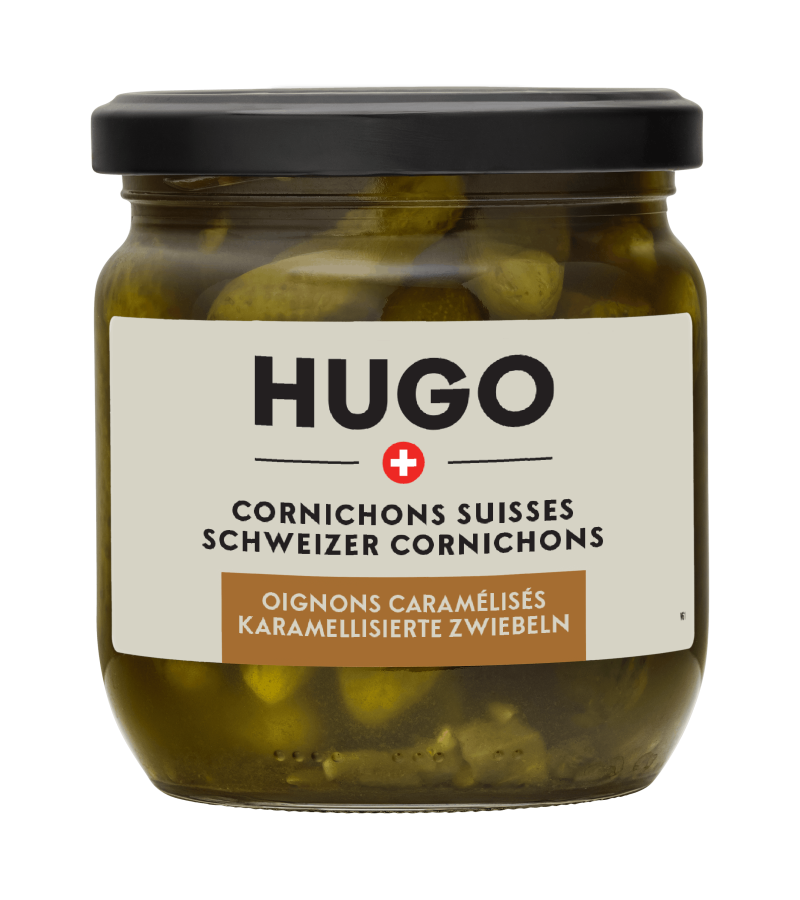 HUGO Swiss Gherkins with Caramelised Onions 200g HUGO Swiss Gherkins with Caramelised Onions 200g